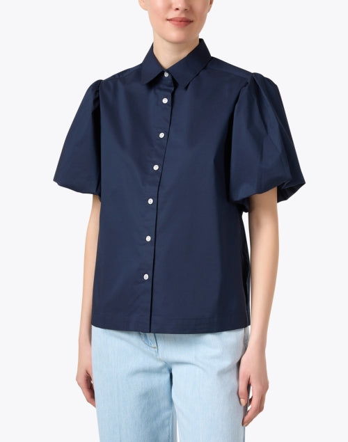 Navy Blue Angelina Puff Sleeve Women's Cotton Blend Blouse