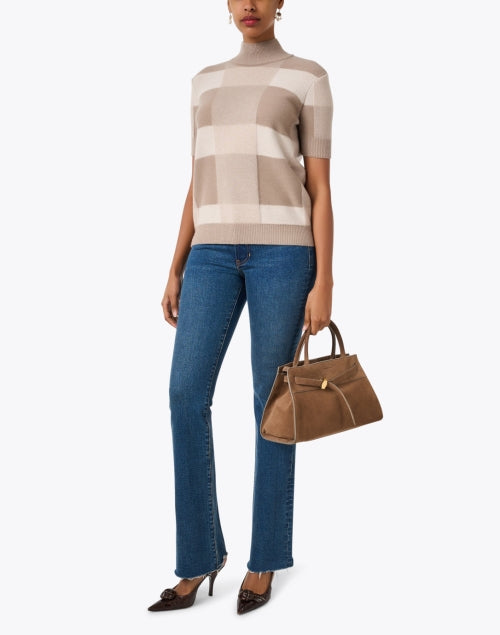 Beige Neutral Check Pattern Short Sleeve Wool Cashmere Blend Sweater