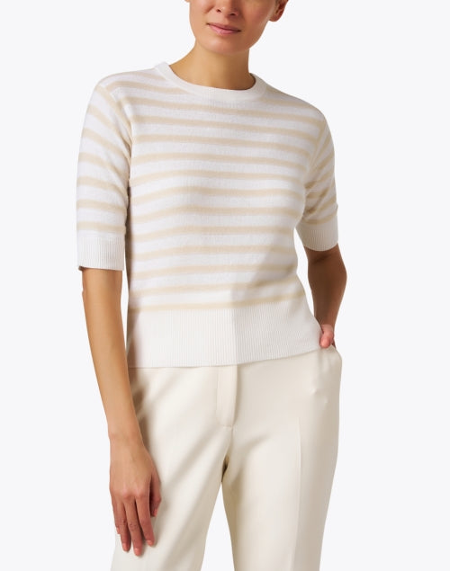 Stylish Beige and Ivory Striped Short - Sleeve Wool Cashmere Blend Crew Neck Sweater