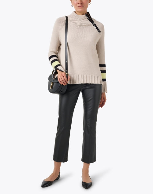 Stylish Beige Zip-up Sweater with Contrast Stitch and Ribbed Trim