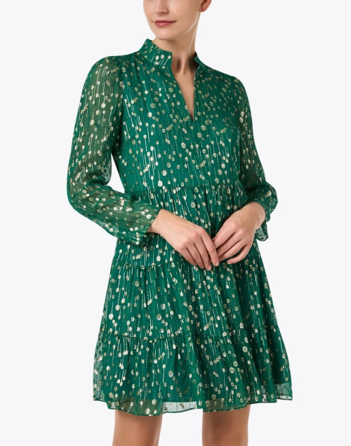 Stylish Green Silk Blend Dress with Metallic Gold Print