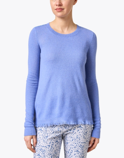Stylish Blue Cashmere Crew Neck Sweater with Fringe Hem for Spring and Summer
