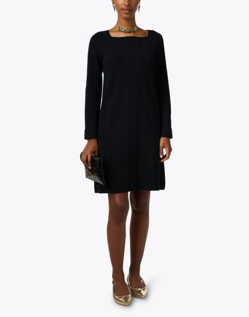 Stunning Black Textured Check Knee-Length Wool Blend Dress