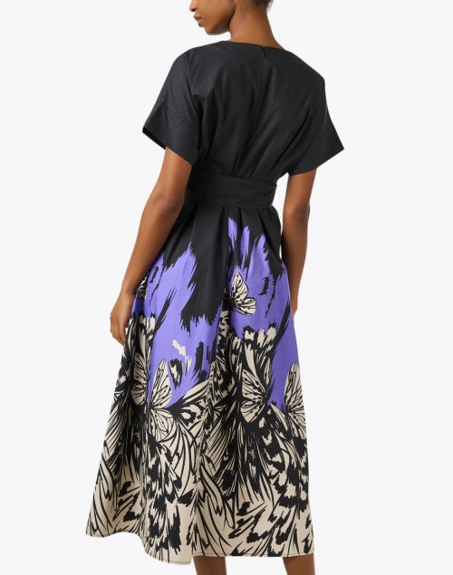 Stylish Solid Black Bodice with Vibrant Butterfly Print Midi Dress