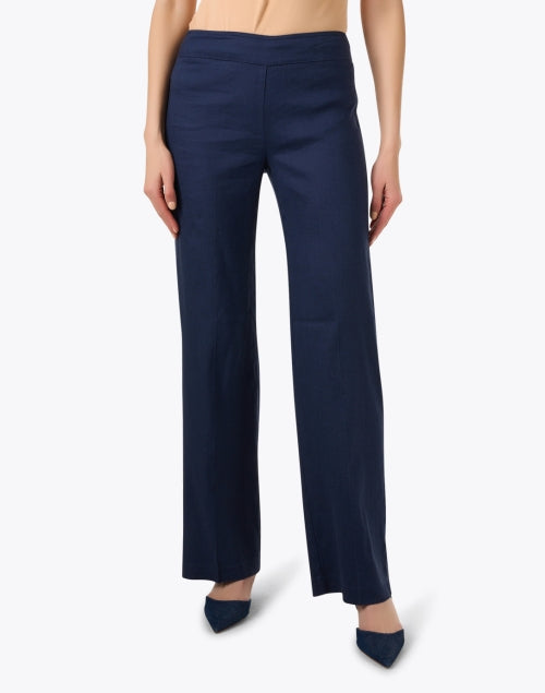 Navy Blue Lightweight Stretch Linen Flavia Wide Leg Palazzo Pants for Women