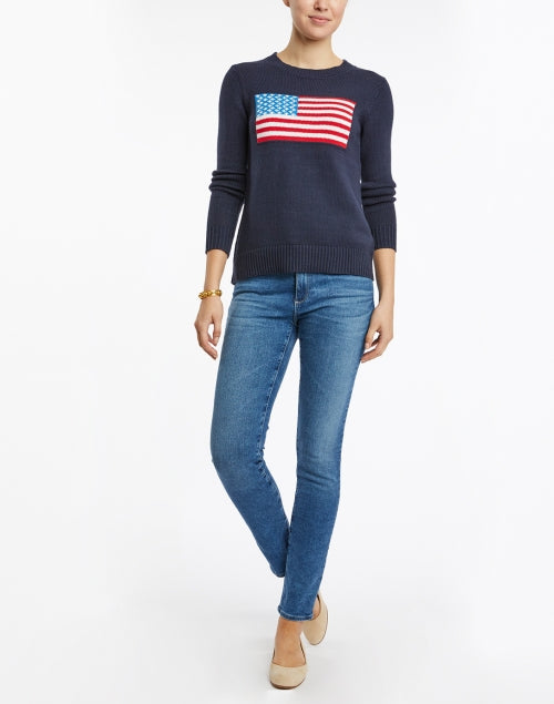 Navy Cotton American Flag Intarsia Knit Sweater for Summer