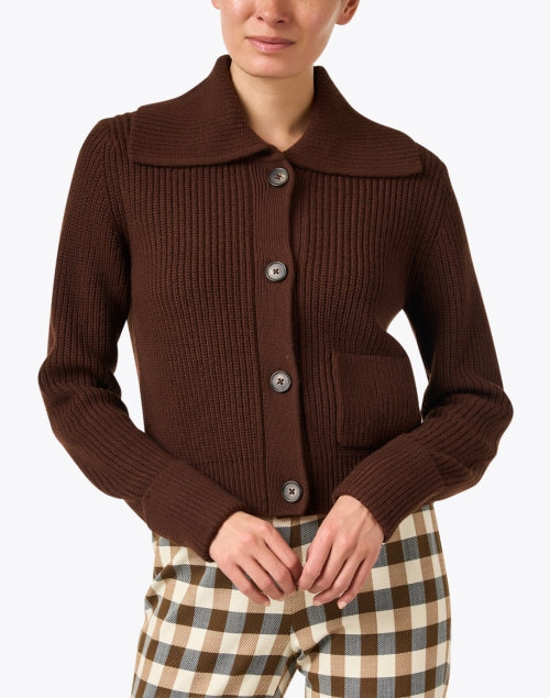 Luxurious 100% Brown Wool Collared Cardigan for Timeless Style