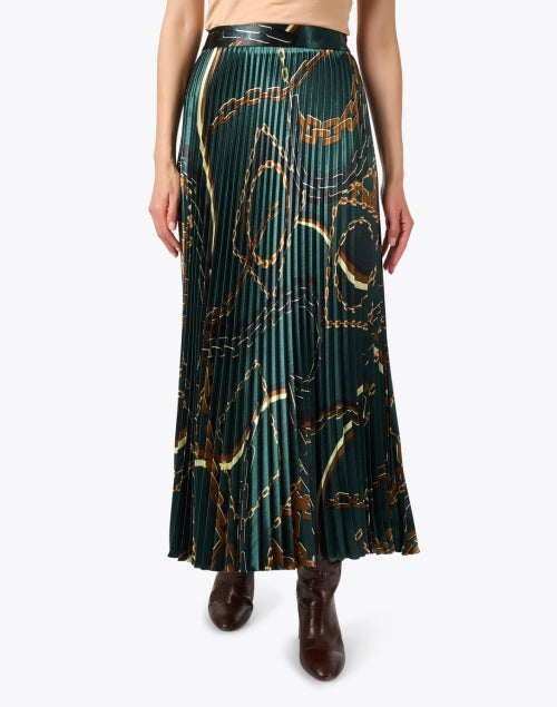 Marc Cain's Effortless Green Satin Print Accordion-Pleated A-Line Skirt