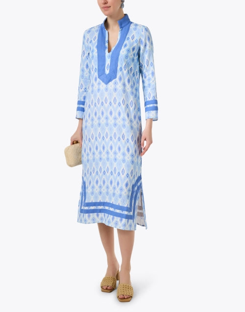 New Season Blue Ikat Stretch Cotton Tunics with Bold Trim