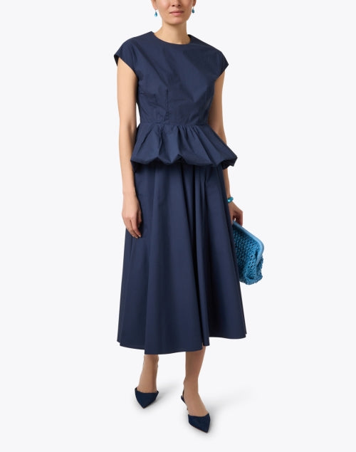 Navy Crisp Cotton Poplin Peplum Top with Bubble Ruffle Hem