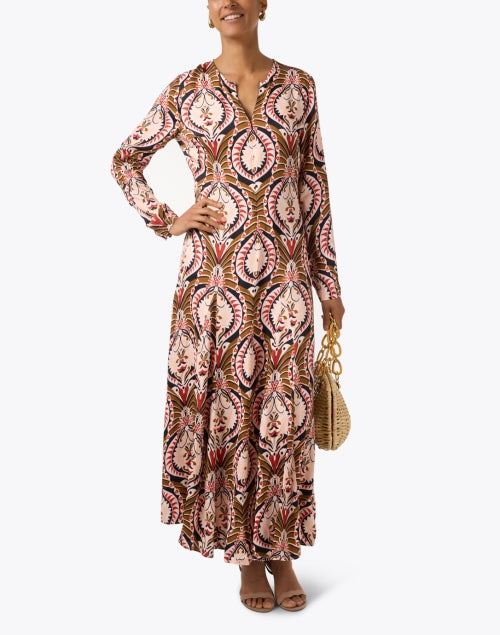 Stylish Multi - Print Adjustable Zip - Front Long - Sleeve Maxi Dress