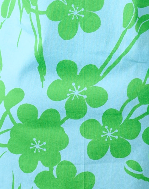 Women's Blue and Green Floral Printed Stretch Cotton Shirt Dress for Transitional Styling