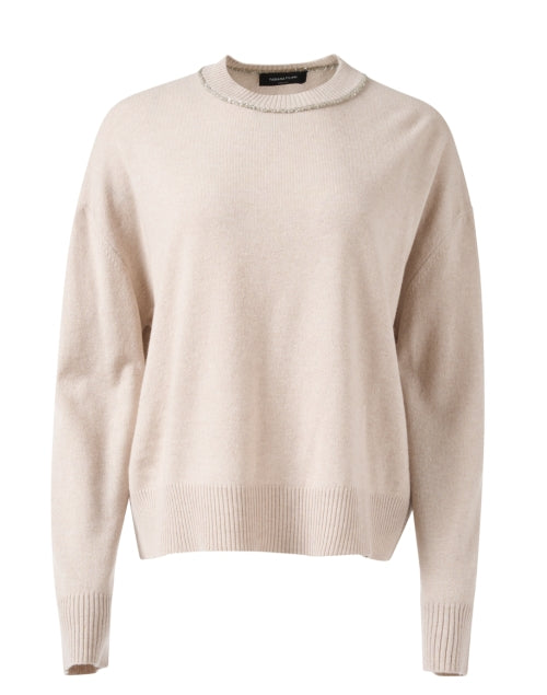 Stylish Beige Wool-Silk-Cashmere Embellished Sweater with Metallic Neckline