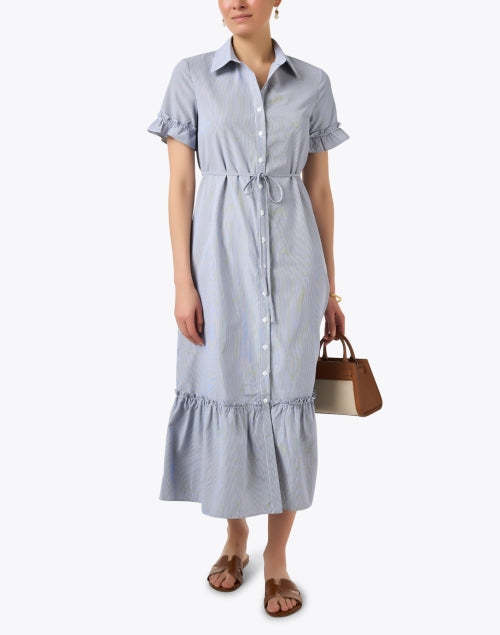 Navy and White Striped Carly Shirt Dress with Ruffle Trim