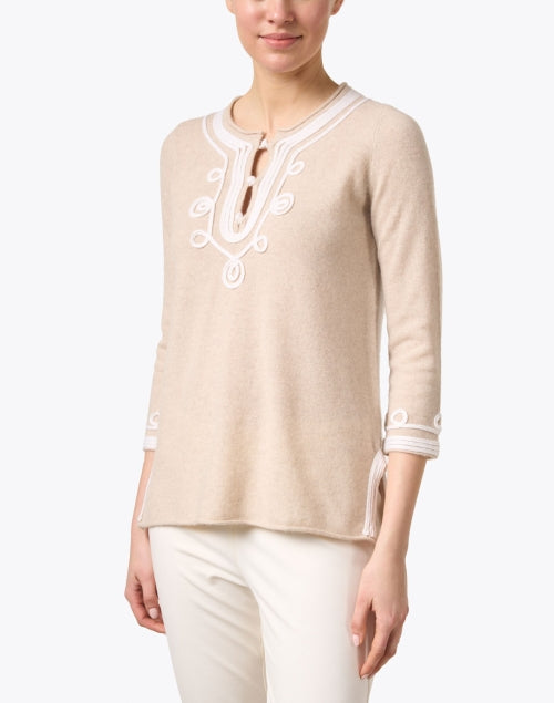 Calipso Beige Cashmere Top with Intricate White Embroidery