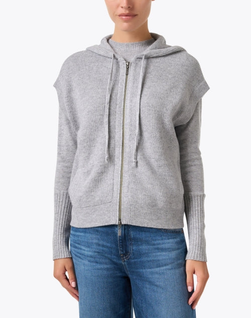 Stylish Grey Cashmere Knit Jacket with Drawstring Collar