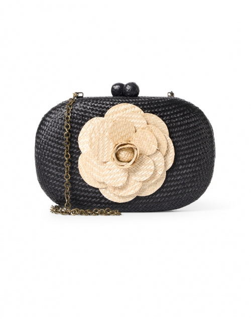 Stylish Olive Black Woven Buntal Minaudiere with Sand Camellia Decoration