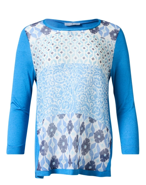Blue Printed Contrasting Panel Linen Blend Knit Top