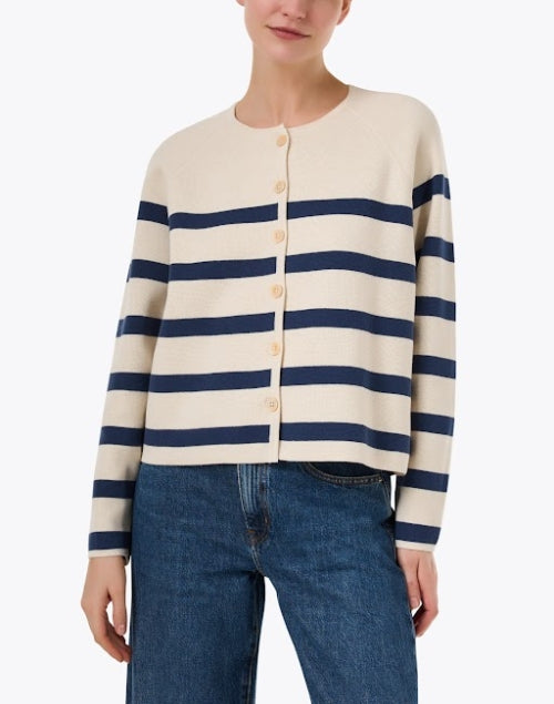 Navy Striped Classic 100% Cotton Ivory Cardigan for Seasonal Wear