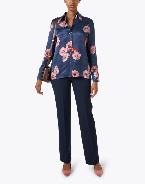 Stylish Blue Silk Blouse with Floral Print