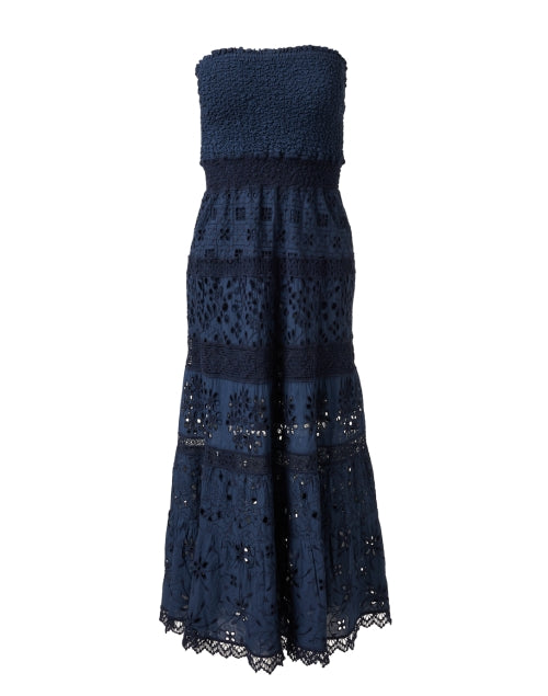 Stylish Navy Cotton Eyelet Embroidered Strapless Dress
