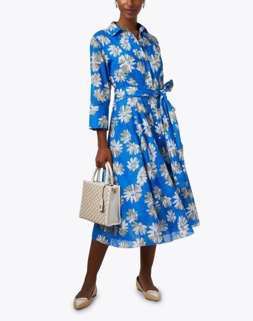 Stylish Blue Floral Print Women's Shirt Dress