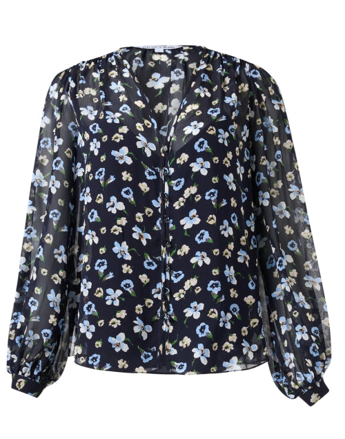 Alec Women's Navy Floral Printed Silk Blouse for Office and Dinner
