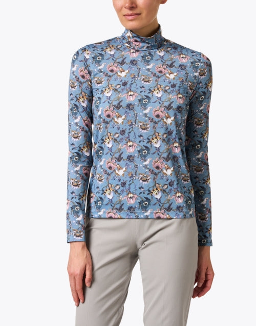 New Season Blue Silk Blend Floral Print Relaxed Turtleneck Top