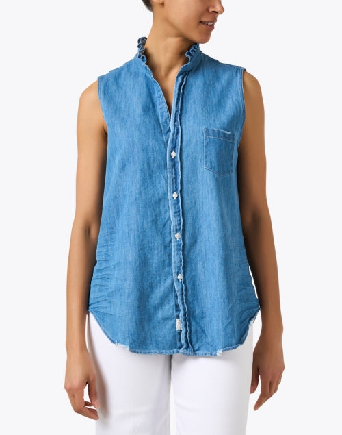 Comfortable Cotton Denim Fiona Sleeveless Blouse with Ruffle Collar