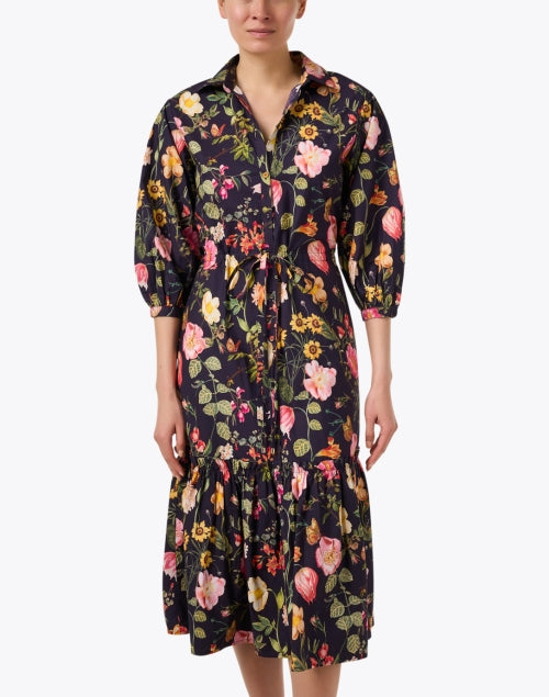 Navy and Multi - colored Floral Print Cotton Women's Shirt Dress by Hutton