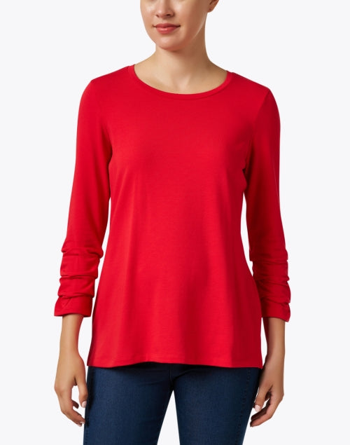 Stunning Red Pima Cotton Women's Ruched Sleeve T-Shirt - A Fashionable Wardrobe Essential