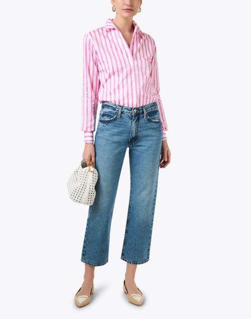 Pink and White Striped Women's Cotton Dress Shirt