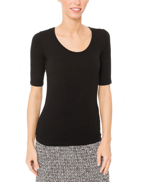 Stretchy Viscose Black Scoop Neck Top with Elbow Sleeves for Women's Fashion