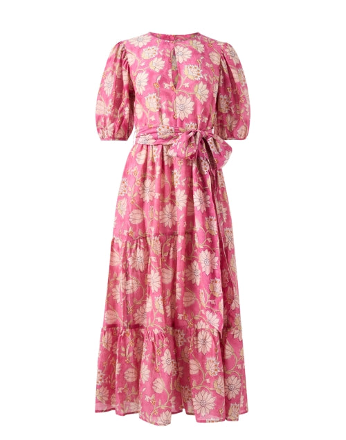 Stunning Pink Floral Print Short Puff Sleeve Maxi Dress