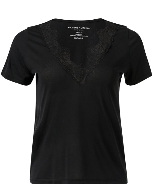 Elegant Women's Black Silk Top with Delicate Lace Trim