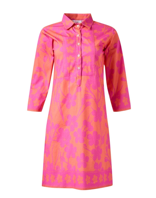 Stylish Pink and Orange Floral Stretch Cotton Shirt Dress