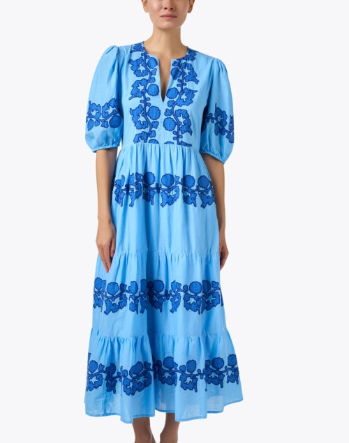 Stylish Oliphant Tangier Blue Cotton Embroidered Midi Dress