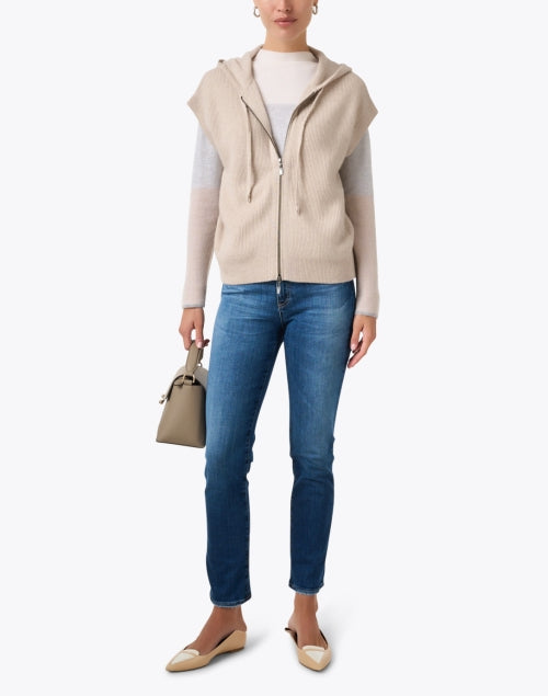 Stylish Beige Knit Cashmere Jacket with Drawstring Collar