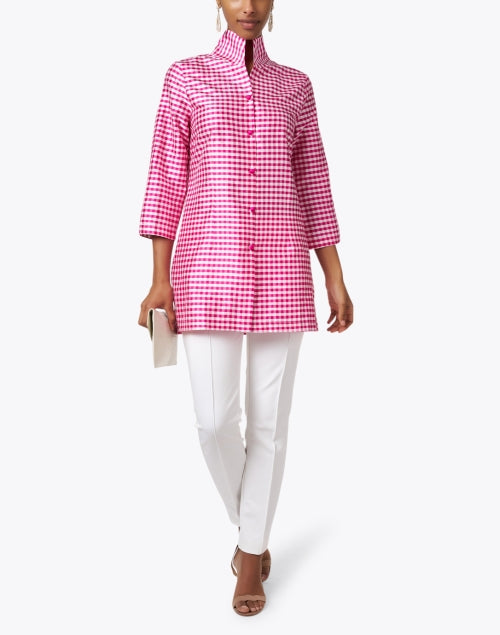 Rita Silk Women's Pink and White Checkered Blouse Top