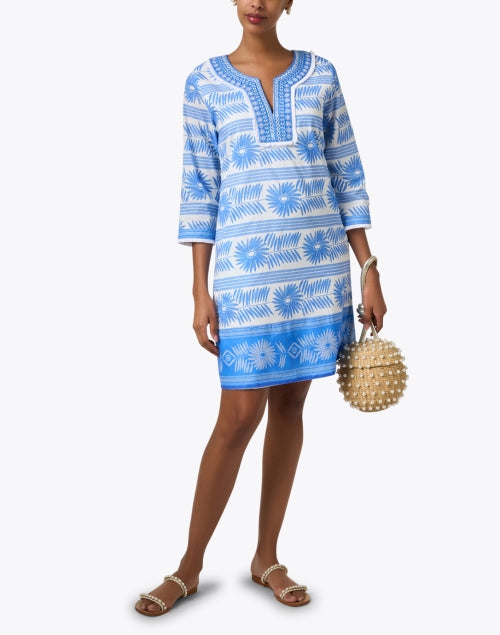 Exquisite Hand - printed Blue Motif Cotton Tunic Dress for Getaways