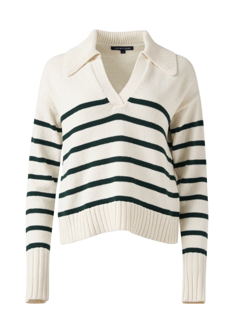 Veronica Beard Ivory and Green Striped Collared Knit Sweater for Effortless Style