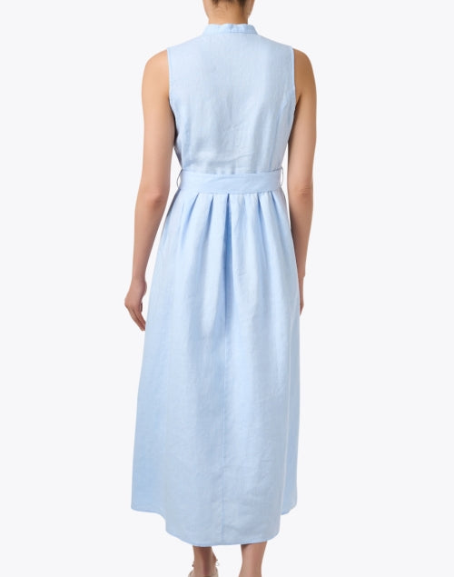 Elegant Blue 100% Linen A-Line Dress with Mandarin Collar