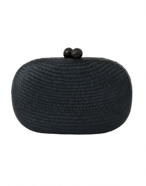Stylish Olive Black Woven Buntal Minaudiere with Sand Camellia Decoration