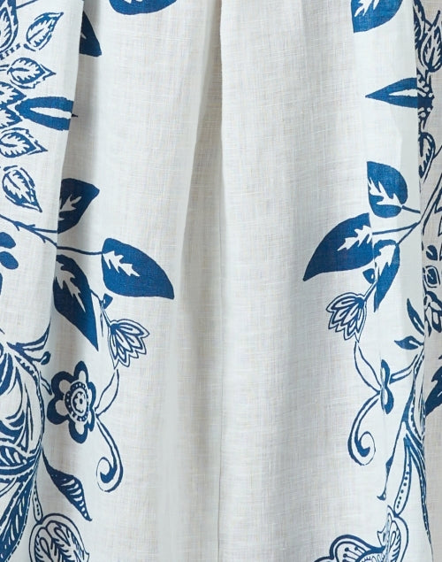 Stylish Blue and White Floral Patterned Linen Women's Summer Dress