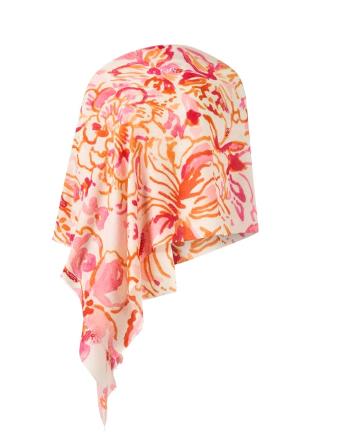 Exquisite Ivory and Pink Abstract Floral Print Wool-Silk Blend Scarf