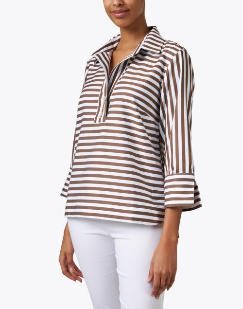 Aileen Women's Brown and White Striped Cotton Poplin Henley Style Top