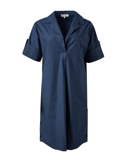 Stylish Navy Poplin Henley Neckline Shift Shirt Dress