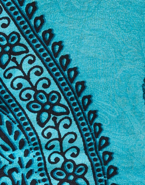 Stylish Blue Paisley-Printed Luxury Bamboo, Cashmere & Silk Blend Sweater