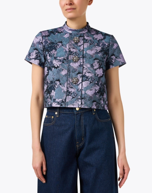 Elegant Blue Multi-Patterned Jacquard Short Sleeve Top
