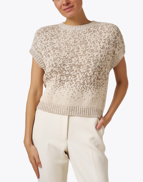 Beige Letter-Designed Lurex Sequin Short-Sleeve Knit Sweater